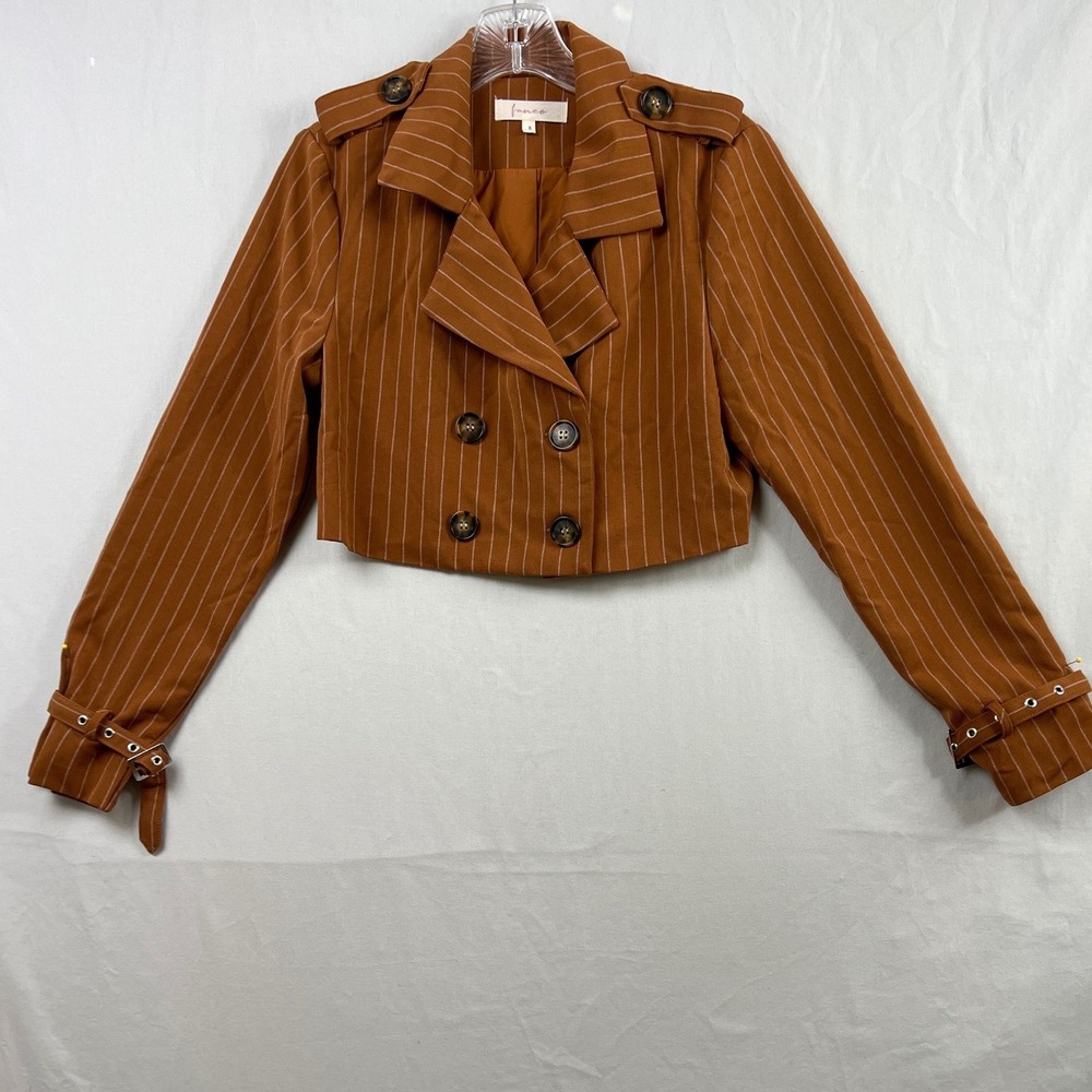 Fanco Cropped Blazer Women S Brown Pinstriped Double Breasted Epaulette Jacket